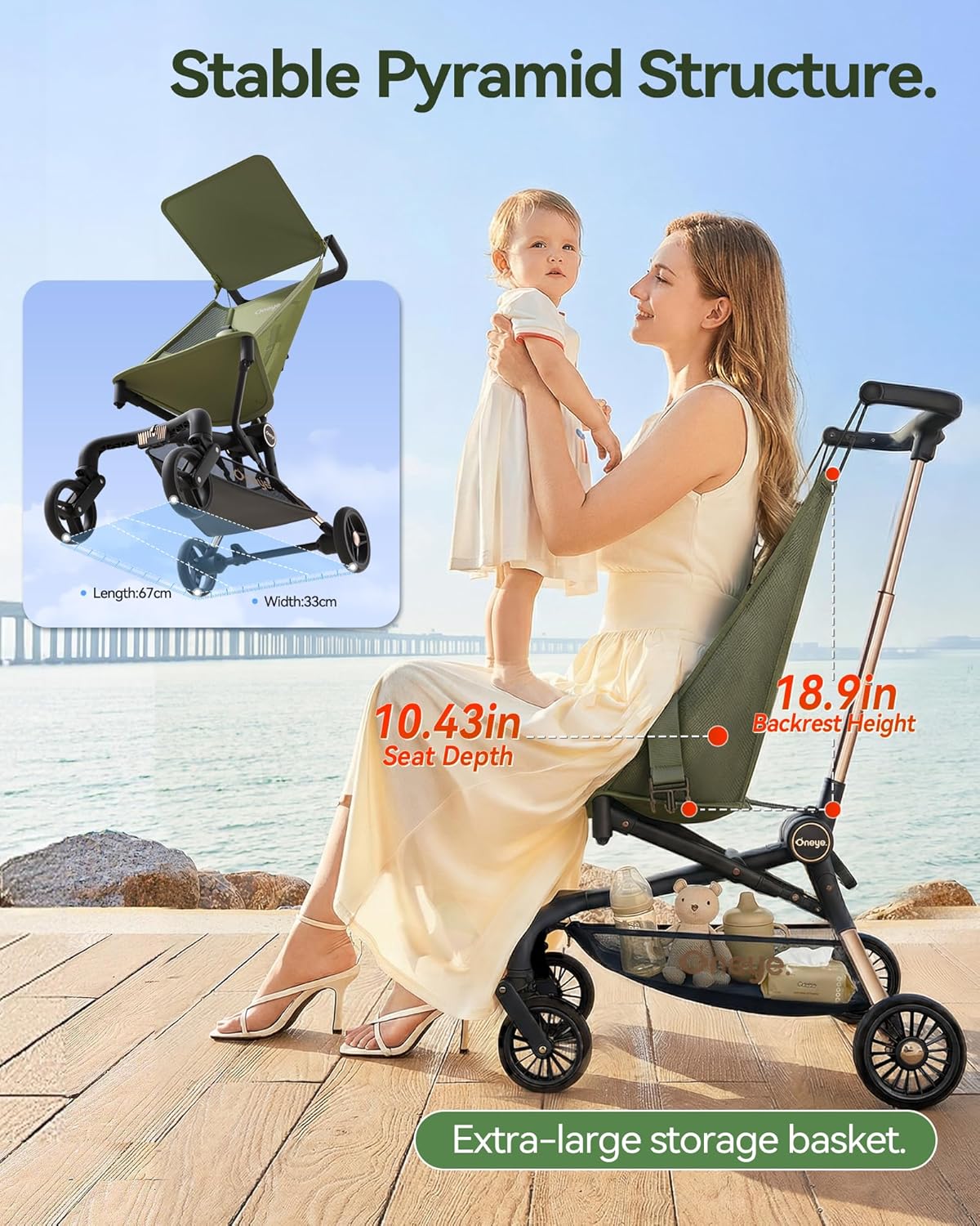 Oneye Travel Stroller for Airplane, Ultra Lightweight Baby Stroller for Toddlers with Canopy, Foldable & Compact Strollers with Jumbo Seat & Large Storage Basket,10.19lb,Stable & One-Hand Fold, Green