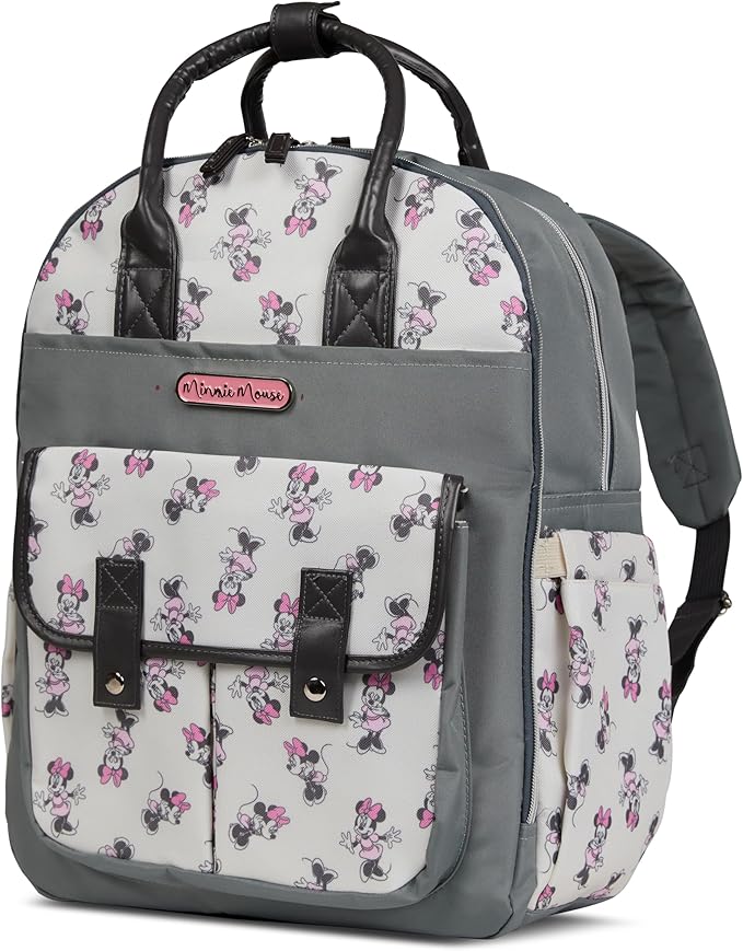 Disney Diaper Bag Backpack with Changing Pad Minnie Mouse – 16” Nylon Baby Bag for Parents, Insulated Bottle Holders, Multiple Storage Pockets
