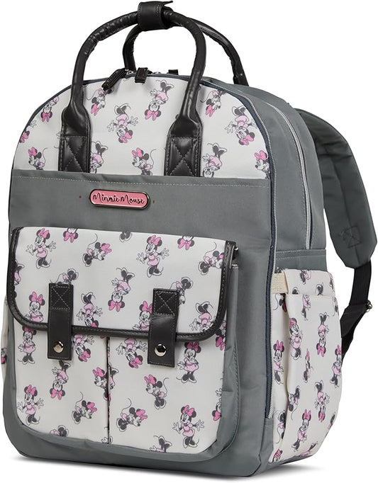 Disney Diaper Bag Backpack with Changing Pad Minnie Mouse – 16” Nylon Baby Bag for Parents, Insulated Bottle Holders, Multiple Storage Pockets