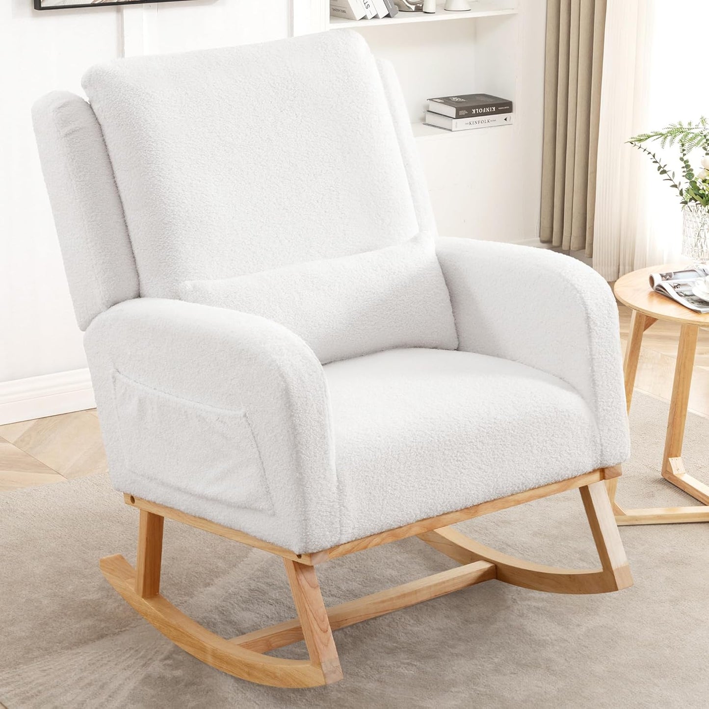 HCHAIRH Rocking Chair Nursery, Sherpa Nursing Rocking Chairs, Upholstered Nursery Glider Rocker for Mom Nursery Morden Accent Rocking Chair Pillow for Living Room,Bedroom,Teddy Light Grey