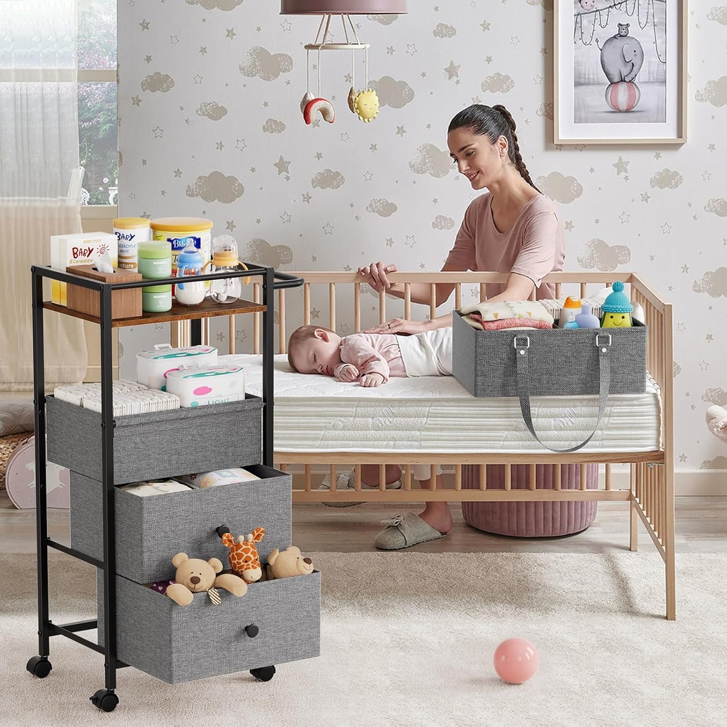 Modanais Baby Diaper Caddy Organizer Cart with Drawers - 3In1 Rolling Storage Cart with Wheels, Removable Diaper Caddy, Detachable Dividers - for Crib, Bedroom, Art & Craft Organizer (Off White)