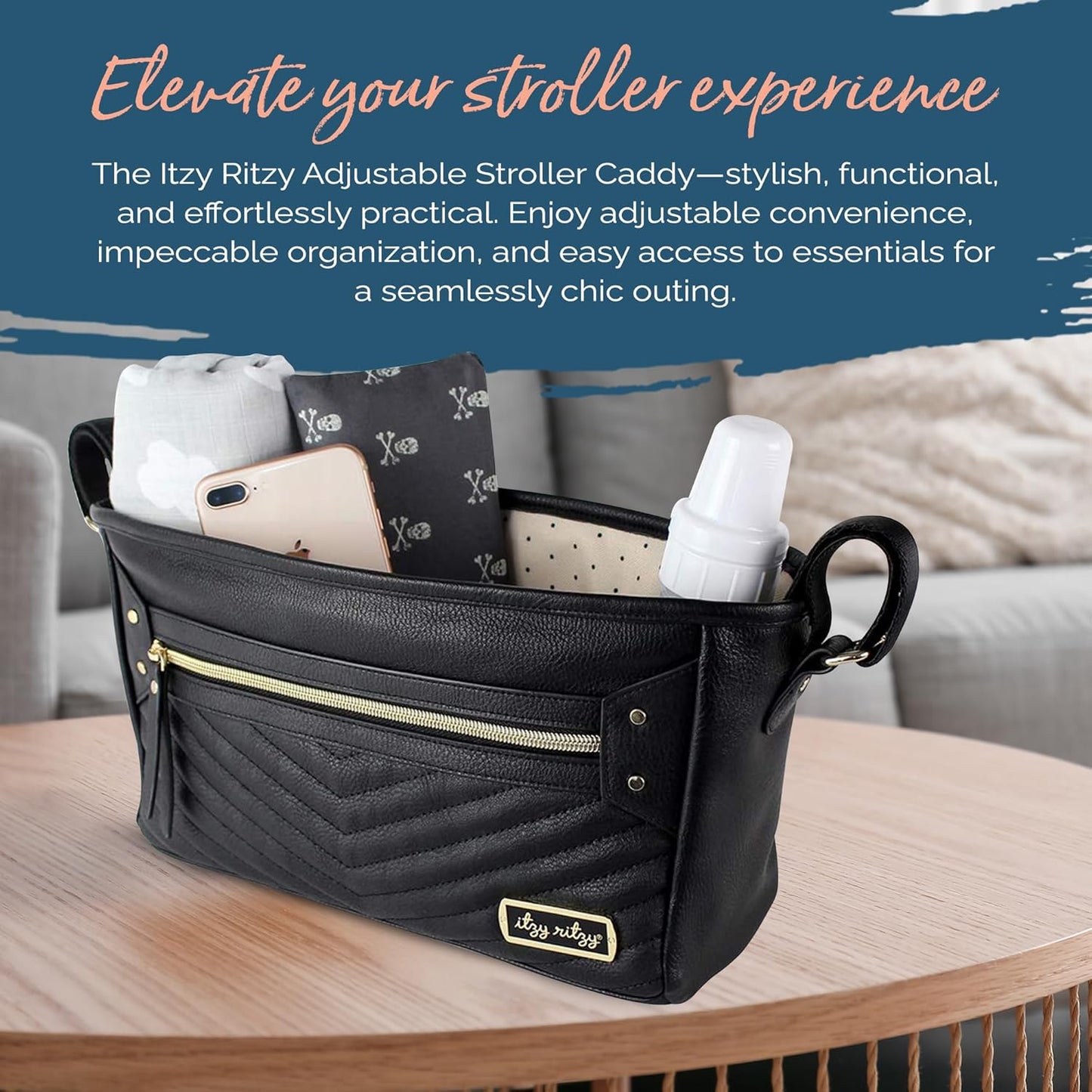 Itzy Ritzy Adjustable Stroller Caddy and Organizer Bag Featuring Front Zippered Pocket, 2 Built-In Interior Pockets & Adjustable Straps to Fit Nearly Any Stroller (Coffee and Cream)