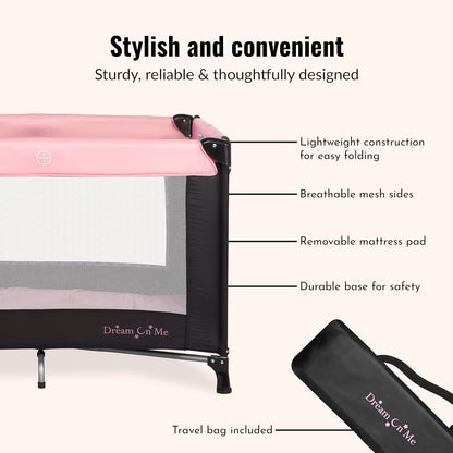 Dream On Me Nest Portable Playard in Black with Carrybag an Shoulder Strap, Lightweight, Packable and Easy Setup Baby Playard, Breathable Mesh Sides and Soft Fabric - Comes with a Removable Padded Mat