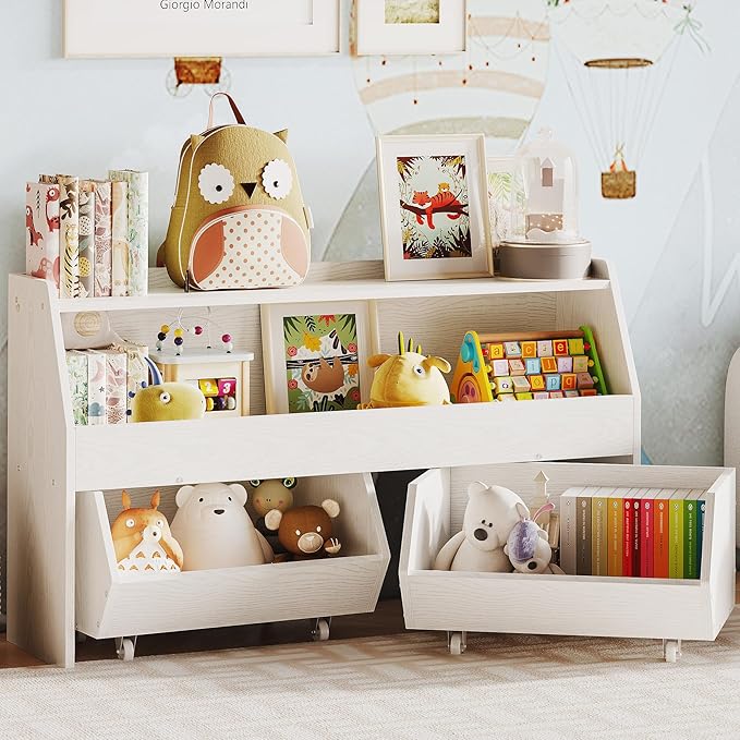 Fulhope Toy Storage Organizer for Kids, Toy Storage Cabinet with Drawers, Boys and Girls Toy Shelf with Wheels, Toy Organizer Kids Bookshelf with Storage for Nursery, Playroom, Bedroom (White)