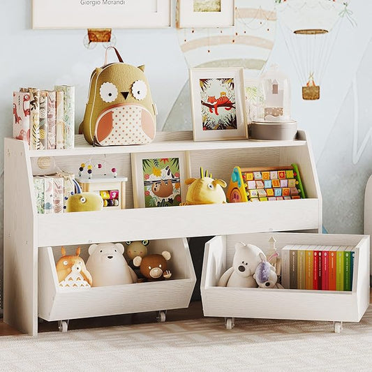 Fulhope Toy Storage Organizer for Kids, Toy Storage Cabinet with Drawers, Boys and Girls Toy Shelf with Wheels, Toy Organizer Kids Bookshelf with Storage for Nursery, Playroom, Bedroom (White)