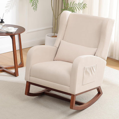 HCHAIRH Rocking Chair Nursery, Nursery Rocking Chairs with Foot Rest, Comfy Fabric Glider Rocker Nursing Chair with High Back for Nursing, Living Room, Bedroom, Beige