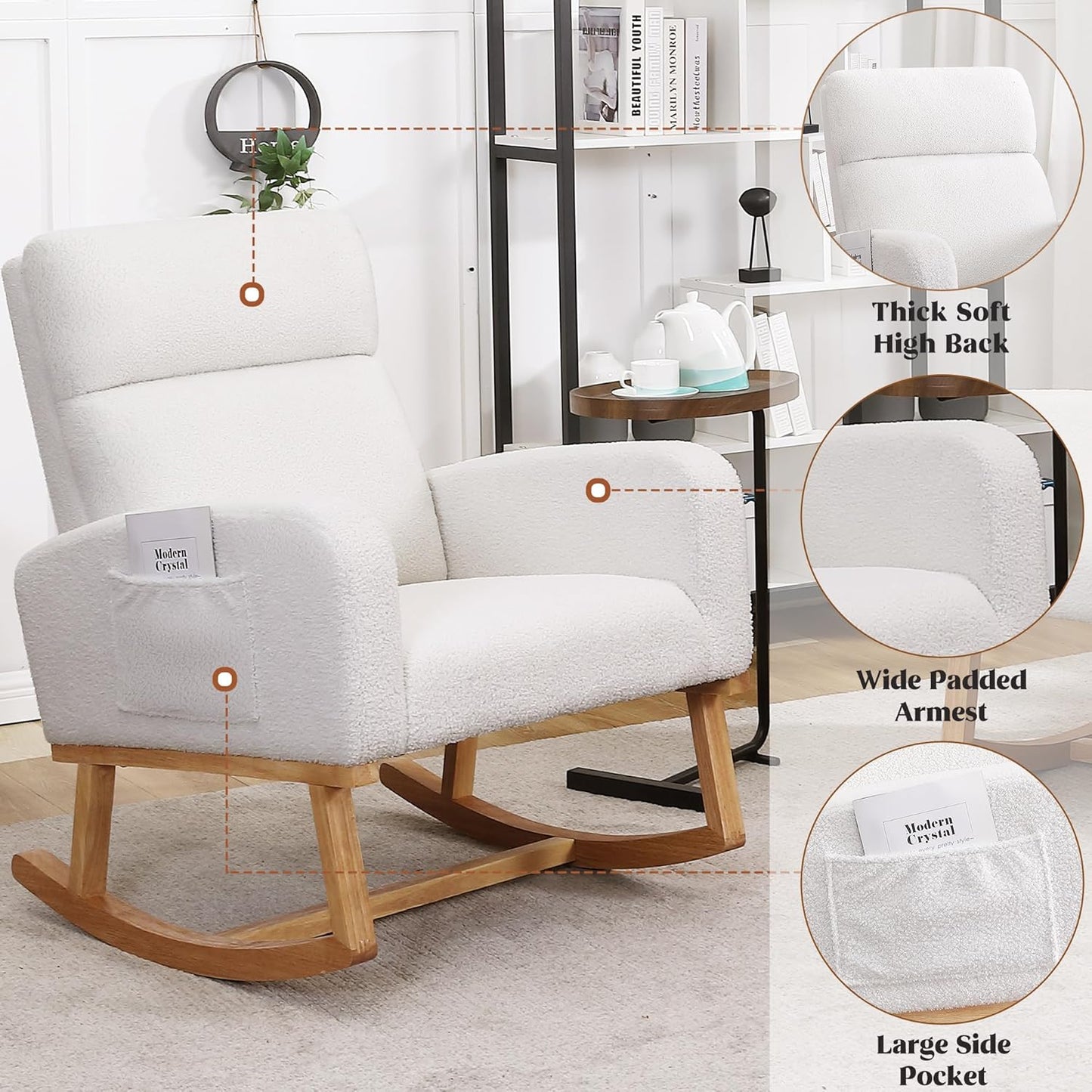 HCHAIRH Rocking Chair Nursery, Upholstered Fabricr Nursing Rocking Chairs with Soft High Back, Modern Nursery Glider Rocker for Mom Living Room, Bedroom, Camel