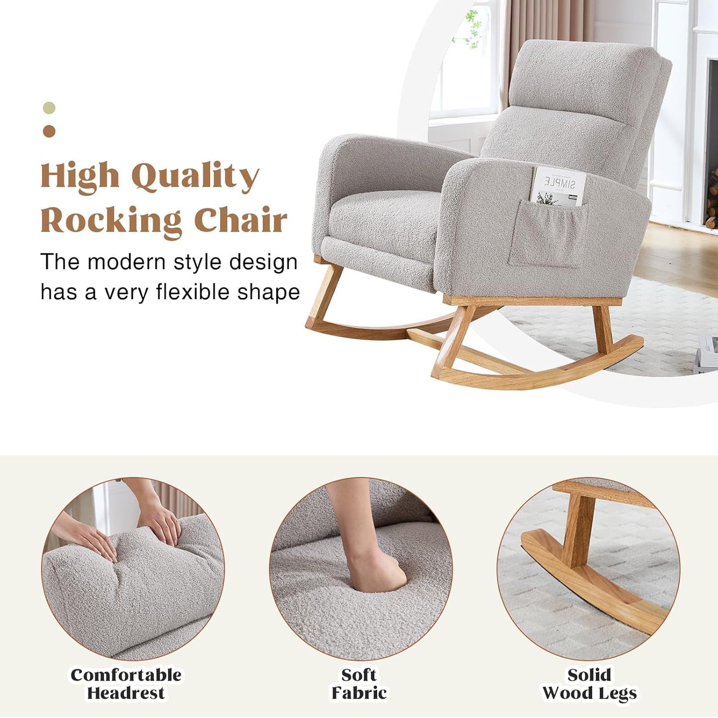 HCHAIRH Rocking Chair Nursery, Nursing Rocking Chairs with Foot Rest for Mom Nursery, Glider Rocker Chair with Footrest and High Backrest for Living Room, Bedroom, Beige