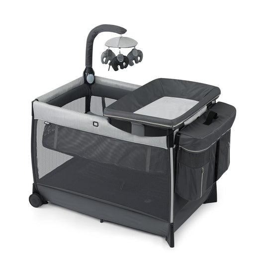 Chicco Lullaby Zip All-in-One Portable Playard, Infant Bassinet and Changer, Electronic Toy Bar, Toddler Playard, Travel Friendly | Driftwood/Grey