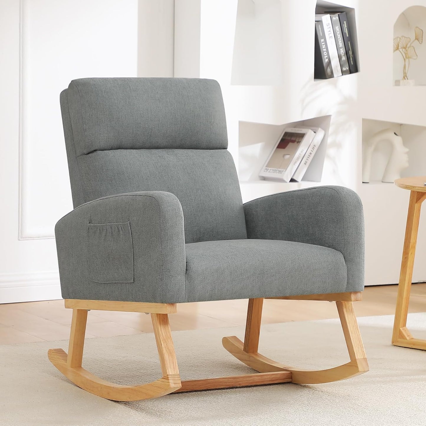 HCHAIRH Rocking Chair Nursery, Upholstered Fabricr Nursing Rocking Chairs with Soft High Back, Modern Nursery Glider Rocker for Mom Living Room, Bedroom, Camel