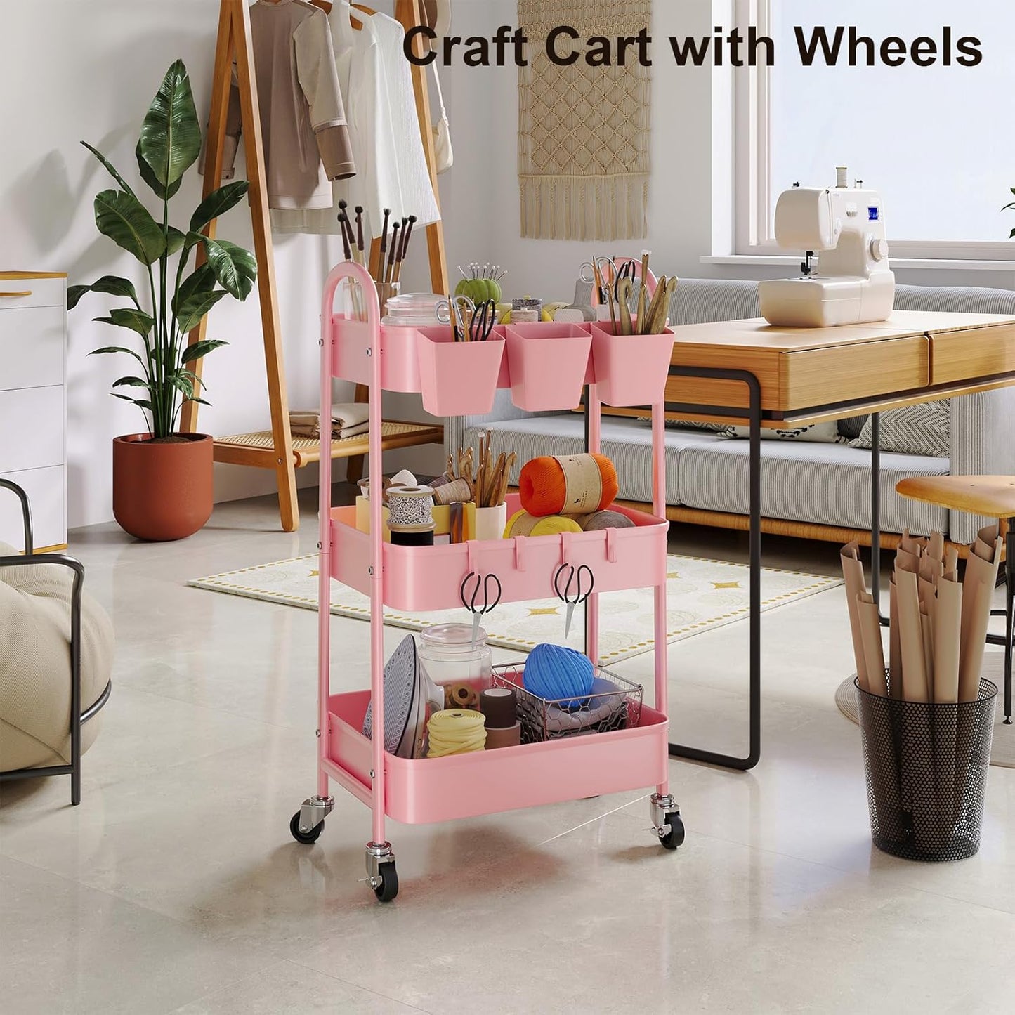 3 Tier Heavy Duty White Metal Rolling Cart with Lockable Wheels, Three Tier Roller Book Snack Cart, Utility Storage Organizer Carts for Kitchen, Bathroom, Garage, Baby Diaper, Craft, Art, Teacher