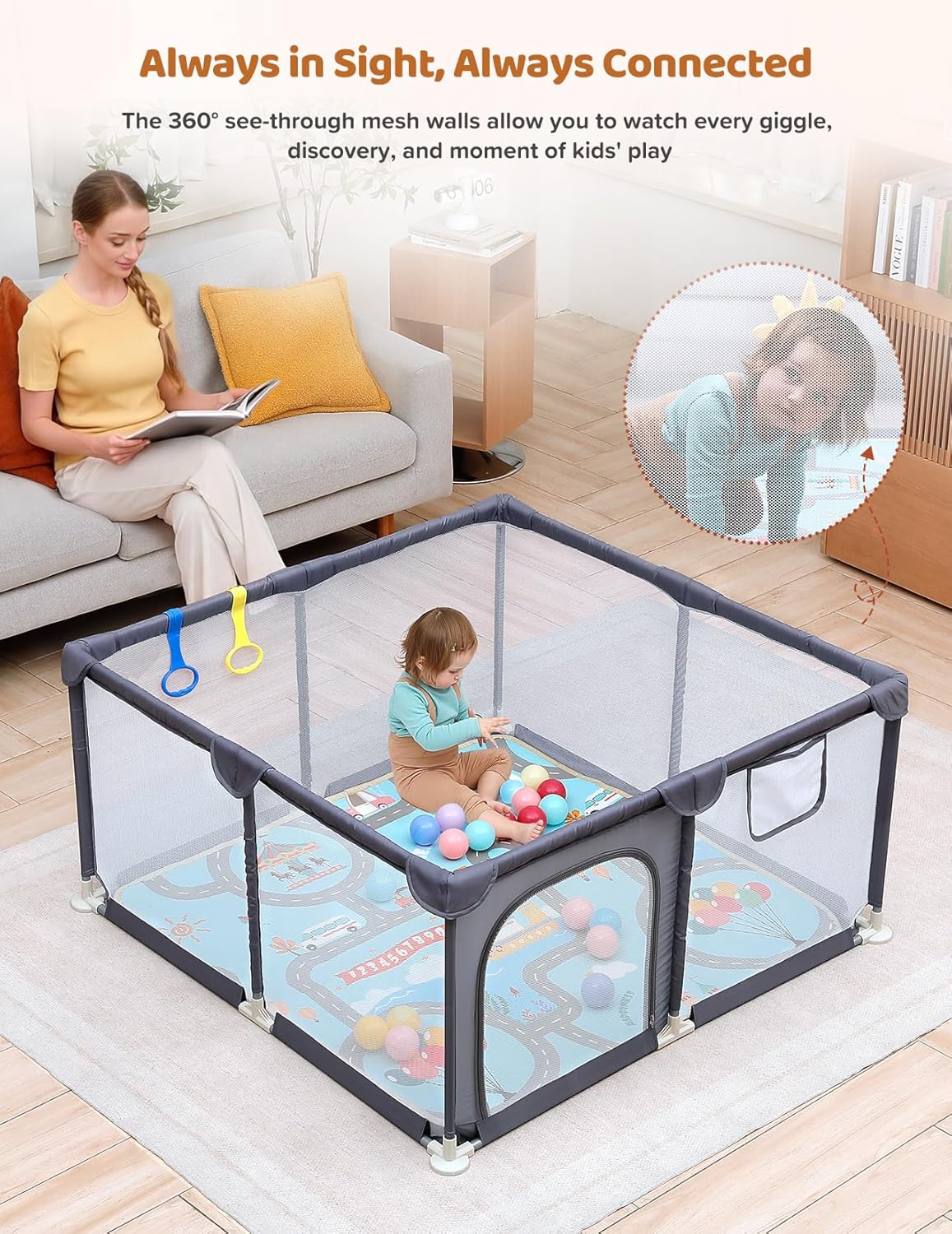 Dripex Baby Playpen, 47"x47" Small Playpen for Babies, Enhanced Safety Baby Play Yard for Indoor & Outdoor, Infant Play Pen with Soft Breathable Visible Mesh, Anti-Fall Design & Easy Setup, Grey