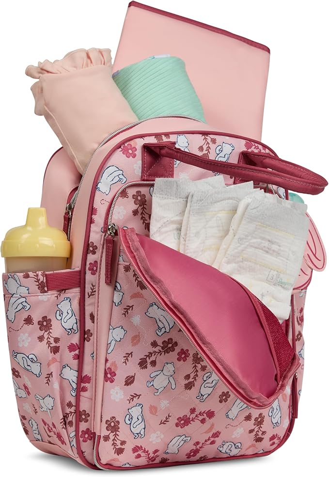 Disney Diaper Bag Backpack with Changing Pad Winnie the Pooh – 16” Nylon Baby Bag for Parents, Insulated Bottle Holders, Multiple Storage Pockets