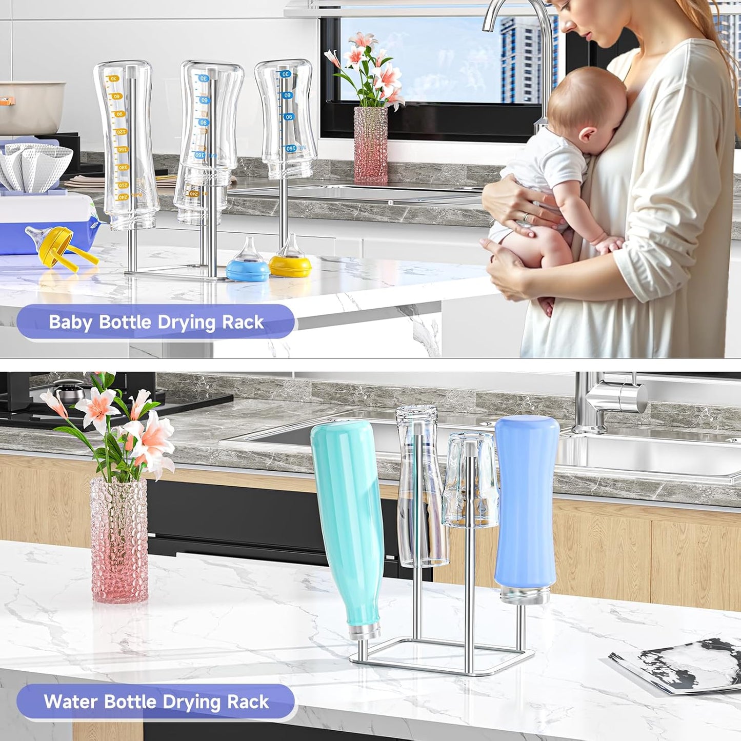 Water Bottle Drying Rack Reusable Bottle Rack Dryer Kitchen Stand Holder Metal Countertop Baby Bottle Drying Rack Water Cup Drying Rack for Plastic Bags, Bottles and Cups (Sliver, Large)