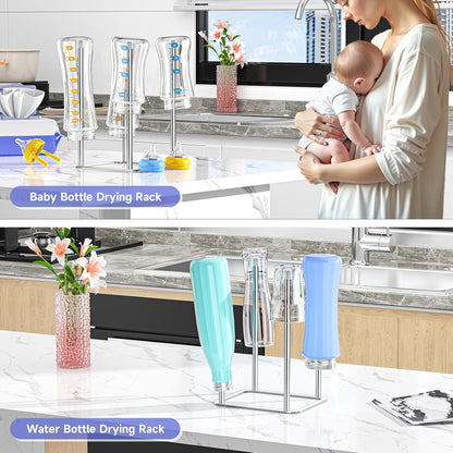 Water Bottle Drying Rack Reusable Bottle Rack Dryer Kitchen Stand Holder Metal Countertop Baby Bottle Drying Rack Water Cup Drying Rack for Plastic Bags, Bottles and Cups (Sliver, Large)