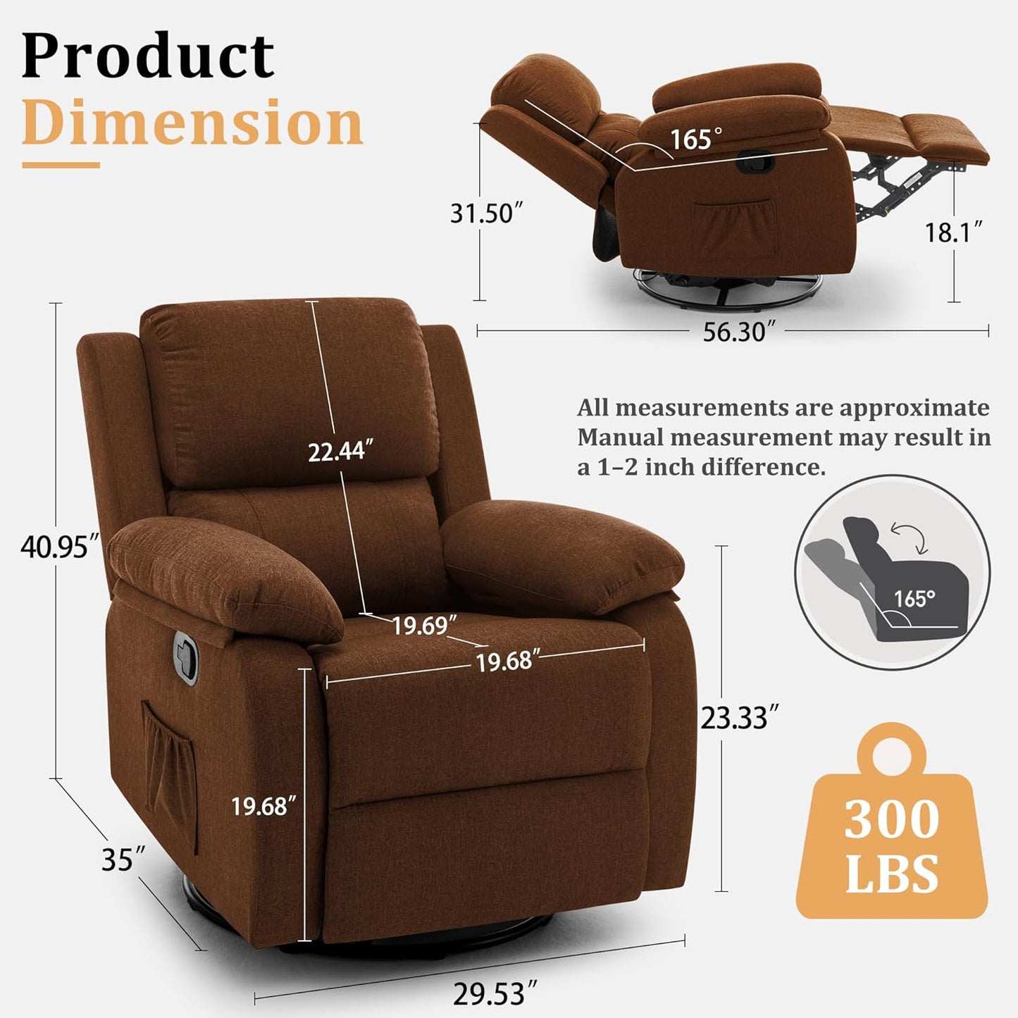 Korser Recliner Chair, 360 Swivel Rocker Chair for Adults, Small Rocking Recliner for Small Spaces, Upholstered Fabric Glider Recliner Nursery