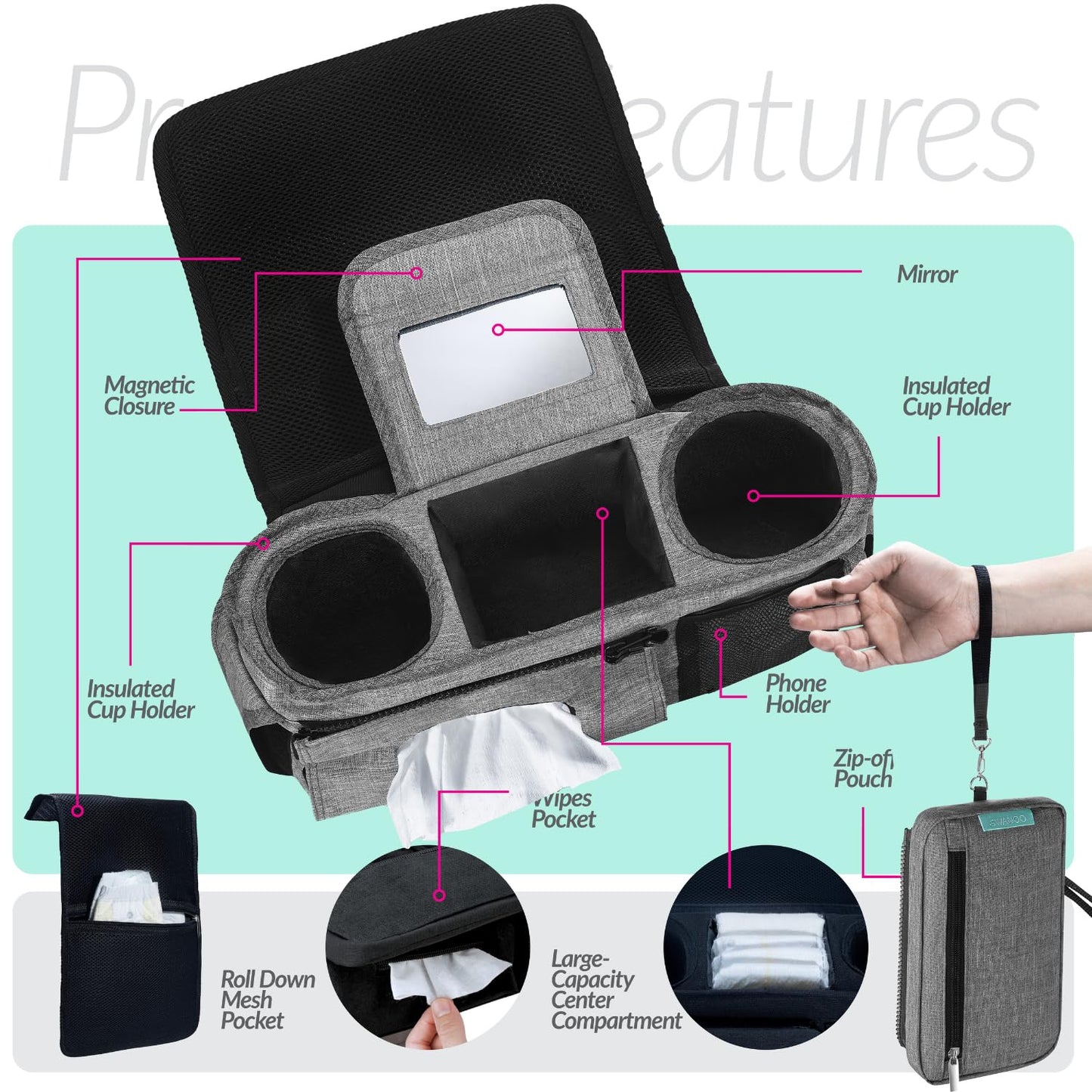Swanoo Stroller Caddy Organizer With Cup Holder, Non Slip Straps Bag for Phone, Pet Stroller Accessories, Universal Fits Uppababby Vista v2 Wonderfold Wagon, Doona and More