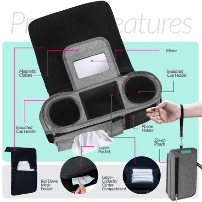 Swanoo Stroller Caddy Organizer With Cup Holder, Non Slip Straps Bag for Phone, Pet Stroller Accessories, Universal Fits Uppababby Vista v2 Wonderfold Wagon, Doona and More