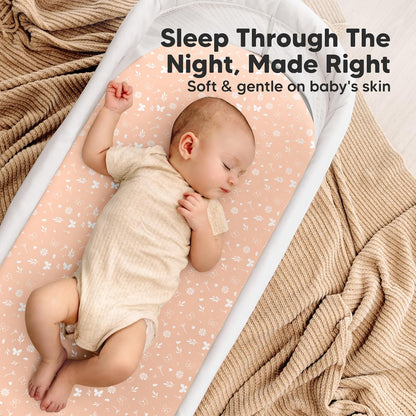 2-Pack Organic Bassinet Sheets for Girls, Boys - 100% Cotton Bassinet Mattress Sheets Compatible with Halo Bassinest Swivel Sleeper, Graco, Baby Delight, Chicco, Unisex Fitted Bassinet Sheets (Elly)