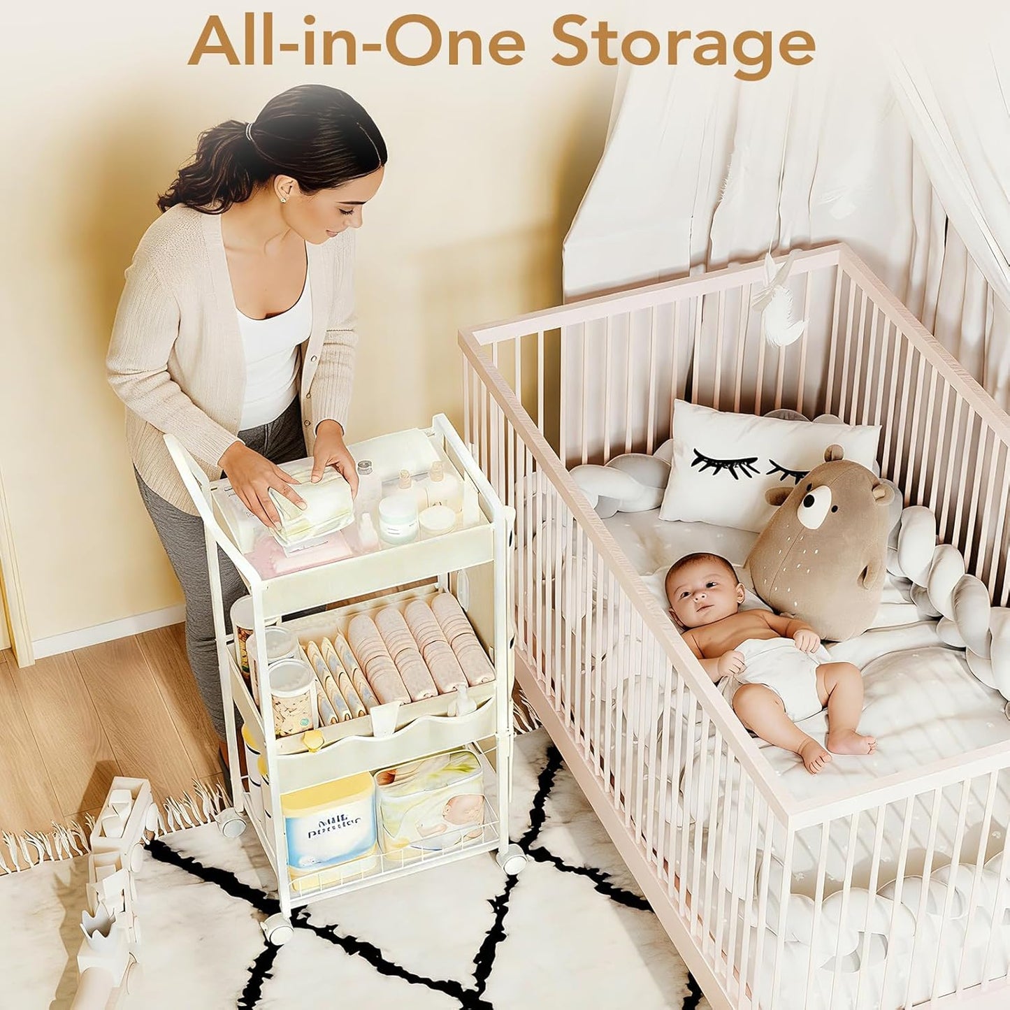 BBLIKE 3-Tier Diaper Caddy Organizer - Rolling Utility Baby Cart with Drawer and Side Pockets for Nursery and Baby Essentials, Multi-Function Cart for Bedroom and Bathroom, White