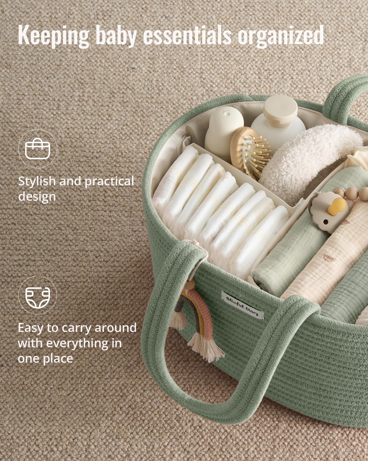 Blissful Diary Baby Diaper Caddy Organizer, Cotton Rope Diaper Caddy Basket, Large Storage Basket for Newborn Boys and Girls, Gift for Baby Shower List, Newborn Essentials, Earthy Rainbow