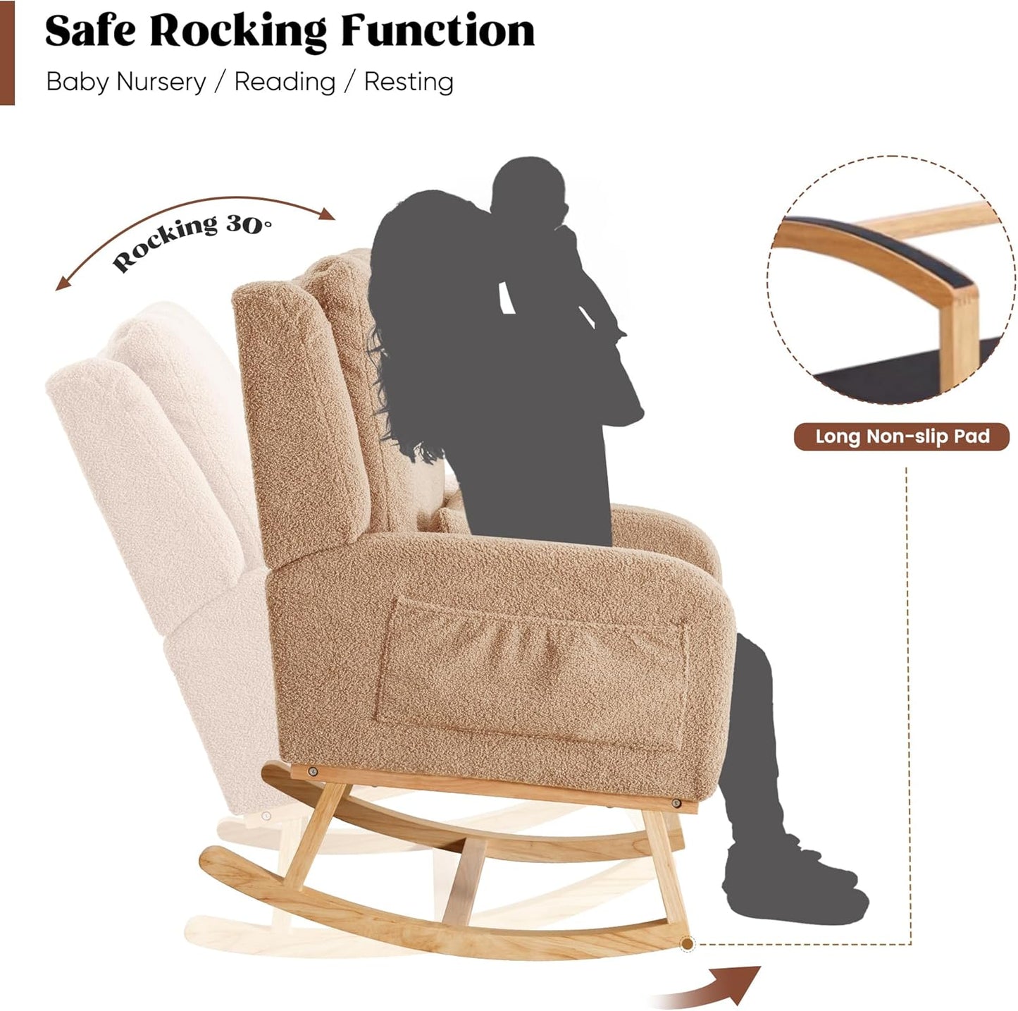 HCHAIRH Rocking Chair Nursery, Sherpa Nursing Rocking Chairs, Upholstered Nursery Glider Rocker for Mom Nursery Morden Accent Rocking Chair Pillow for Living Room,Bedroom,Teddy Light Grey