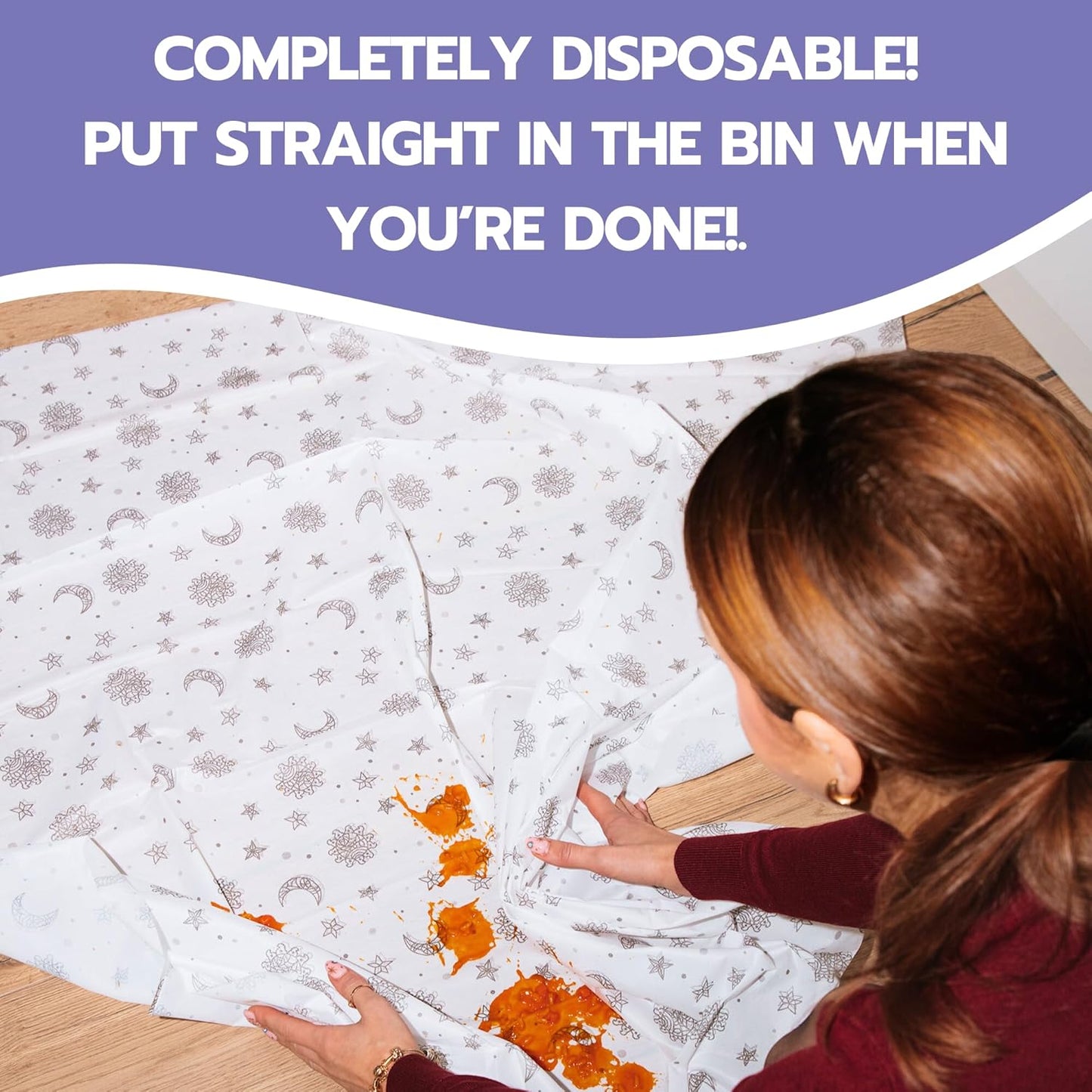 30 Pack Disposable Splat Mats by Eli with Love - Extra Large 49"x49" 100% Waterproof Baby Splat Mat for Under High Chair - Plastic Mat Liner for Floor - Protect from Spills (Moon & Stars, 30 Pack)
