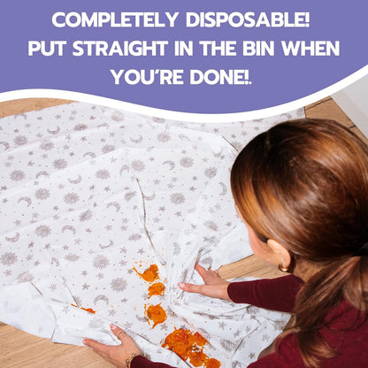 30 Pack Disposable Splat Mats by Eli with Love - Extra Large 49"x49" 100% Waterproof Baby Splat Mat for Under High Chair - Plastic Mat Liner for Floor - Protect from Spills (Moon & Stars, 30 Pack)