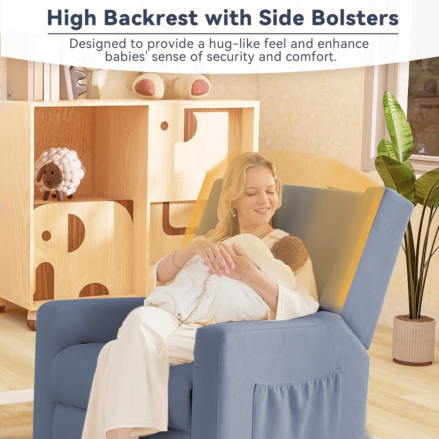 Tbfit Nursery Rocking Chair,360°Swivel Recliner Chair with Lumbar Support for Bedroom, Comfy Upholstered Armchair with Pillows & Footrest for Living Room & Baby Room