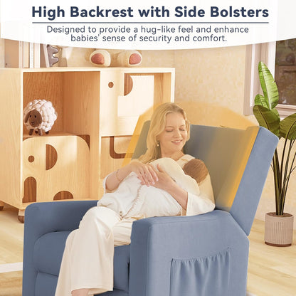 Tbfit Nursery Rocking Chair,360°Swivel Recliner Chair with Lumbar Support for Bedroom, Comfy Upholstered Armchair with Pillows & Footrest for Living Room & Baby Room