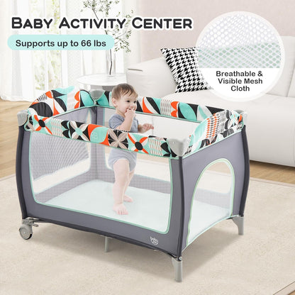 BABY JOY 4 in 1 Pack and Play, Portable Baby Playard with Bassinet, Side Zipper Door, Changing Table, Indoor Outdoor Travel Nursery Center w/Hanging Bar, Lockable Wheels, Carry Bag