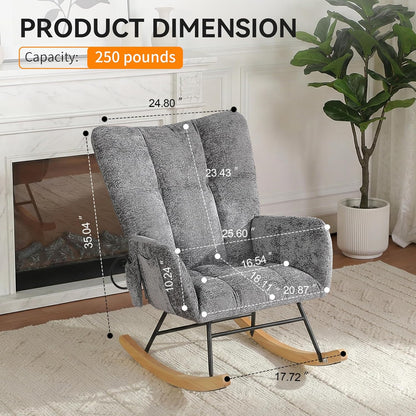 Nursery Rocking Chair Teddy Upholstered Glider Rocker Rocker Accent Chair with High Backrest Armchair Comfy Side Pocket Modern Rocking Accent Chairs for Living Room, Nursery, Office-Green