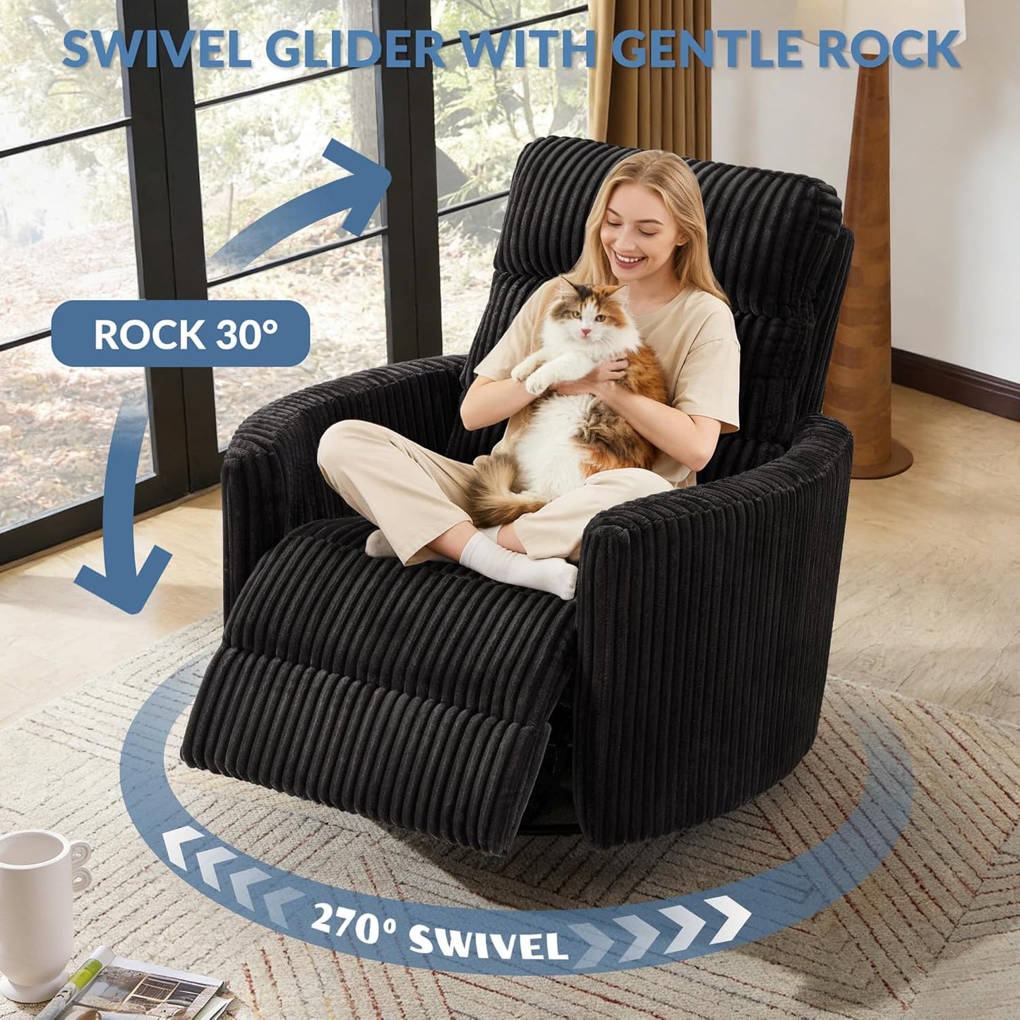 GRAINELL Oversize Power Swivel Recliner, 40in Wide Electric Glider Rocking Chair with Headrest Adjustment, USB Port, 270° Swivel, Rock 30° – for Living Room, Nursery, Black (5" 7' to 6" 1' Height)