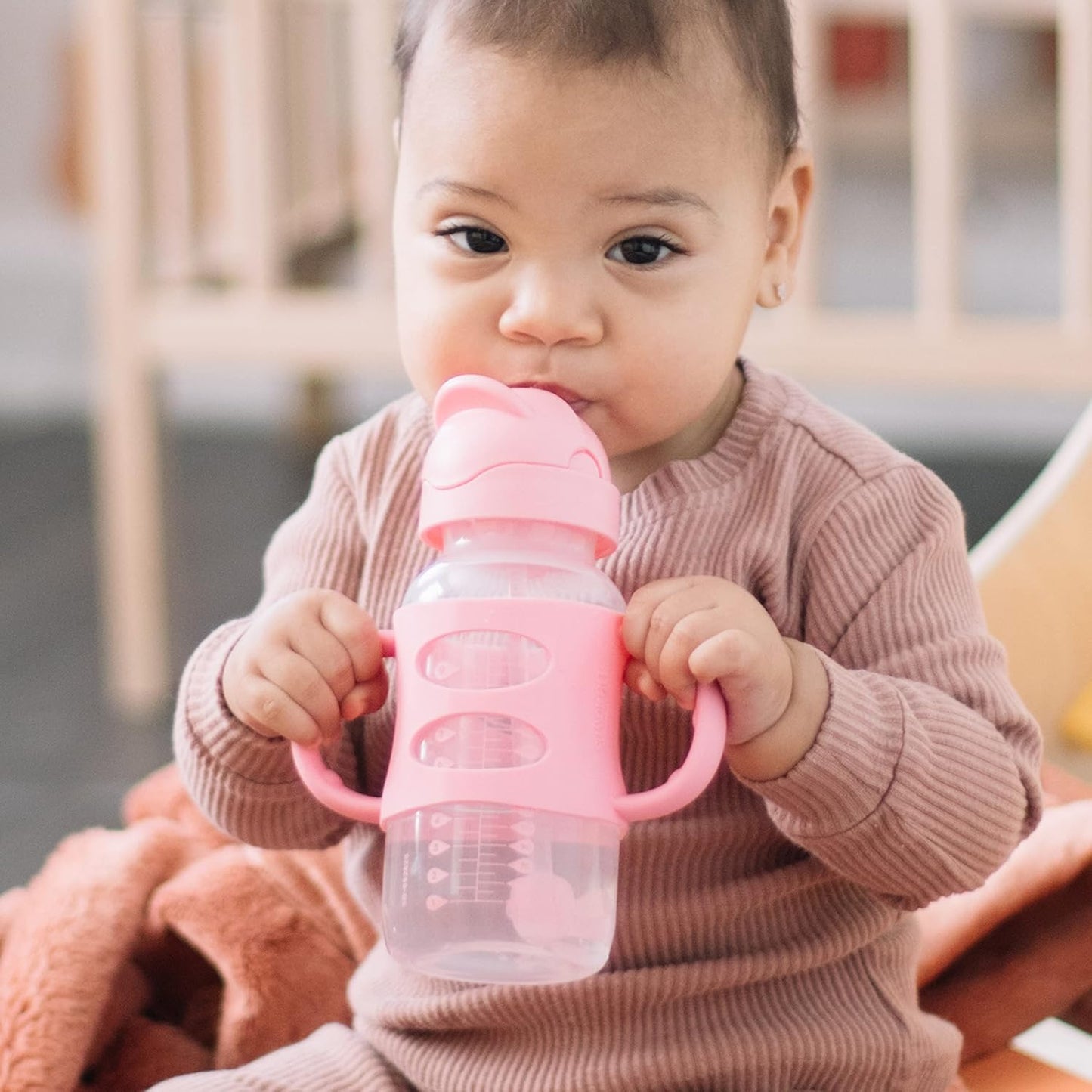 Dr. Brown's Milestones Wide-Neck Sippy Straw Bottle, Spill-Proof with 100% Silicone Handles and Weighted Straw, 9 oz/270 mL, Gray & Pink, 6m+, 2-Pack