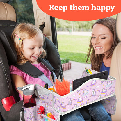 PILLANI Kids Travel Tray for Car Seat - Carseat Tray w/ iPad Holder & Dry Erase Board, Road Trip Activities - Toddler Lap Desk Organizer for Airplane - Roadtrip & Travel Essentials - Pack of 2, Pink