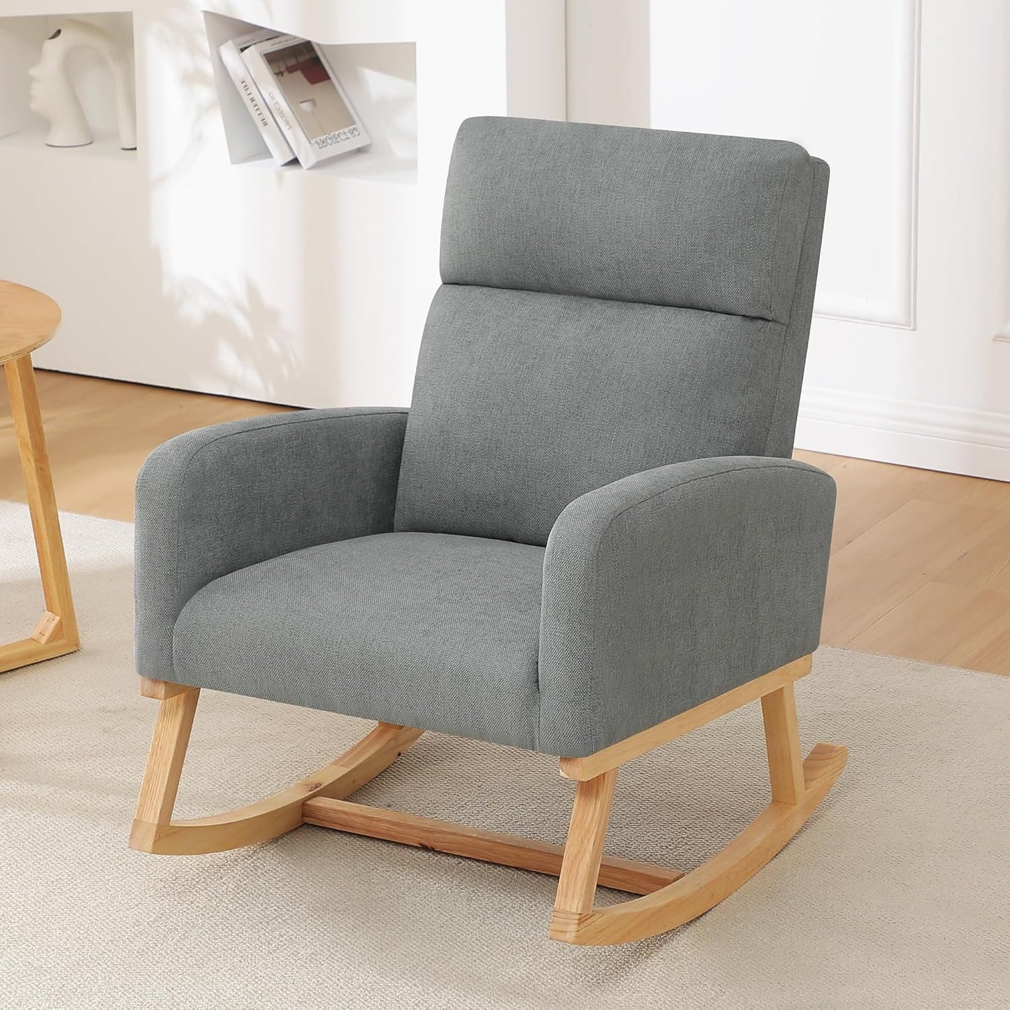 HCHAIRH Rocking Chair Nursery, Upholstered Fabricr Nursing Rocking Chairs with Soft High Back, Modern Nursery Glider Rocker for Mom Living Room, Bedroom, Camel