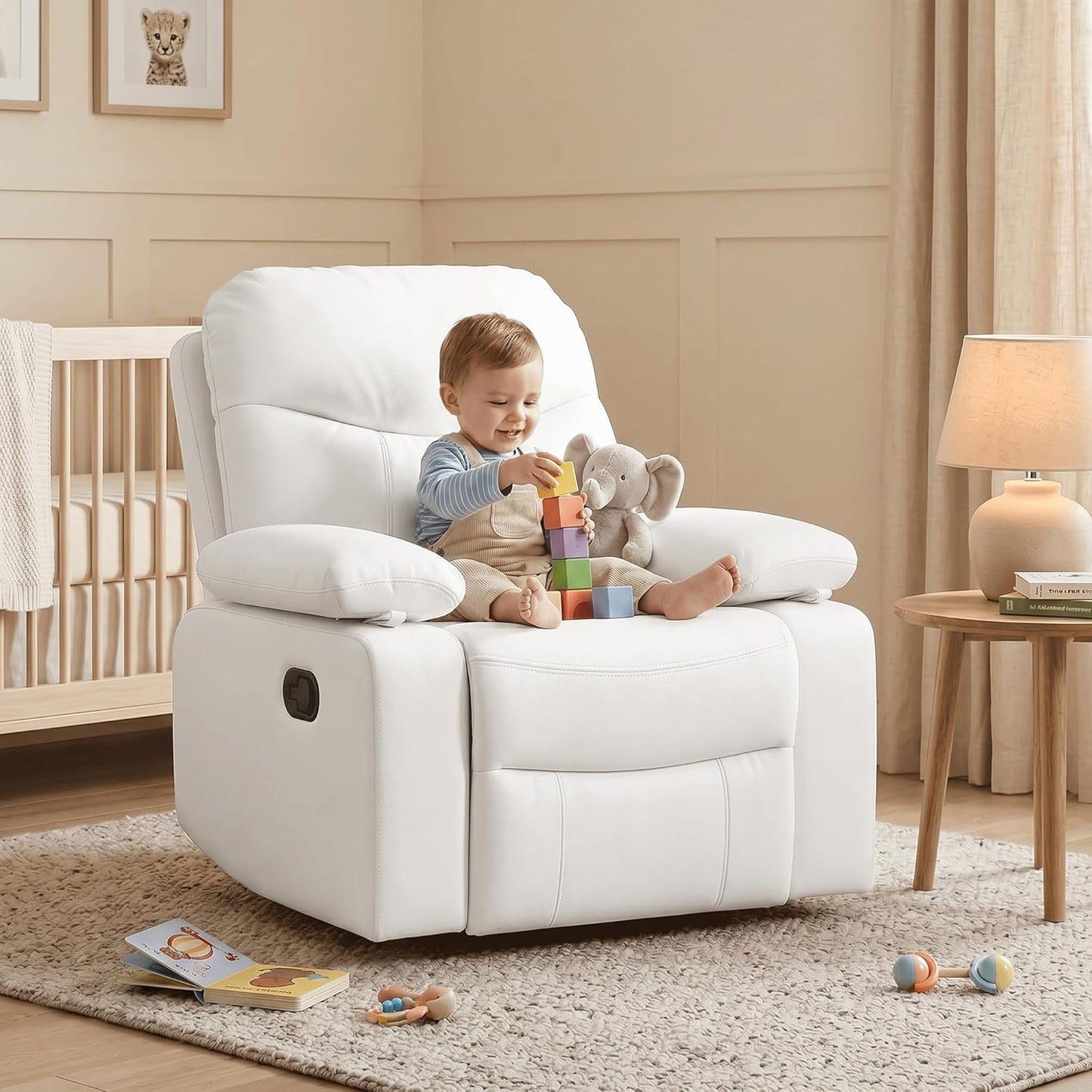 Nursery Glider Recliner with Adjustable Armrests, Oversized Comfortable Nursing Chair for Breastfeeding Moms, 360°Swivel, 90°-160° Recline, Quiet Rocking Chair Nursery for Living Room, White