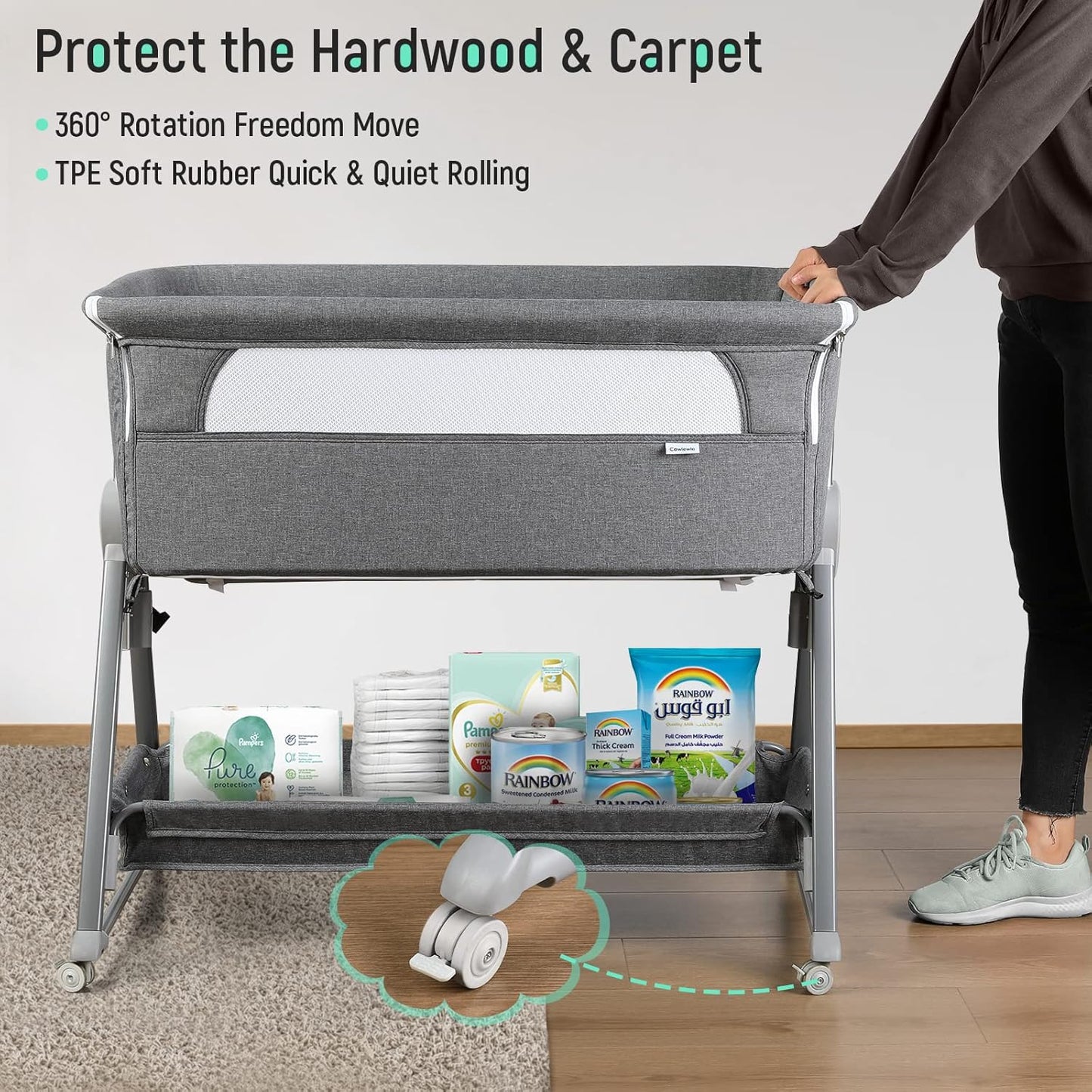 Cowiewie Bassinet Bedside Sleeper, Baby Bassinet with 7 Adjustable Height, Bedside Bassinet for Baby with Storage, Breathable Mesh & Mattress, Portable Bassinet Easy Folding (Pyramid Light Gray)