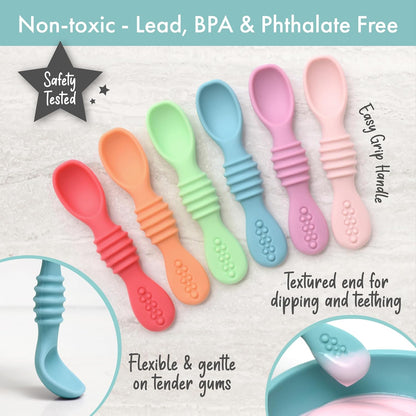 PrimaStella Silicone Chew Spoon Set for Babies and Toddlers | Safety Tested | BPA Free | Baby Spoon 6 Pack (Blue/Green)