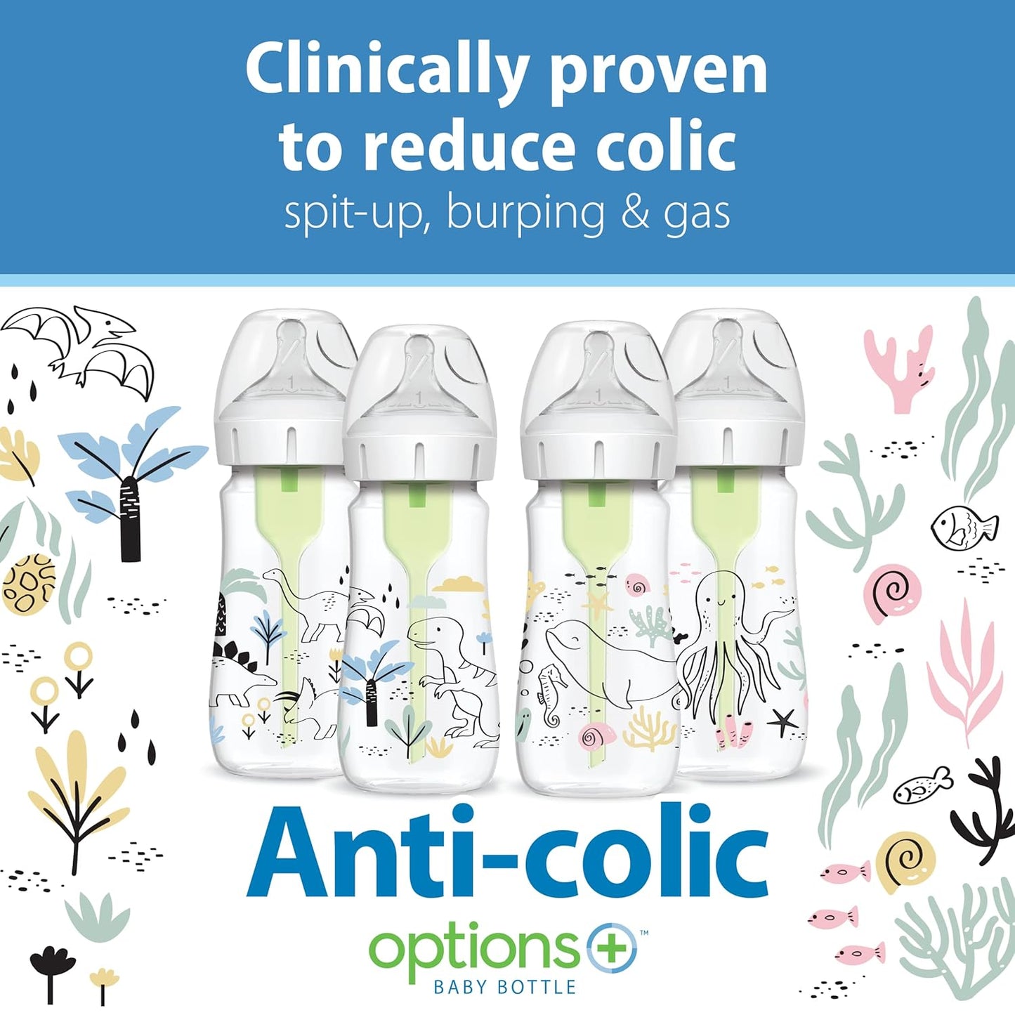 Dr. Brown's Anti-Colic Options + Wide-Neck Baby Bottle Designer Edition Dino Decos, 9oz/270mL, Level 1 Slow Flow Nipple, BPA-Free, 0m+, 2-Pack