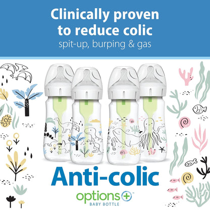 Dr. Brown's Anti-Colic Options + Wide-Neck Baby Bottle Designer Edition Dino Decos, 9oz/270mL, Level 1 Slow Flow Nipple, BPA-Free, 0m+, 2-Pack