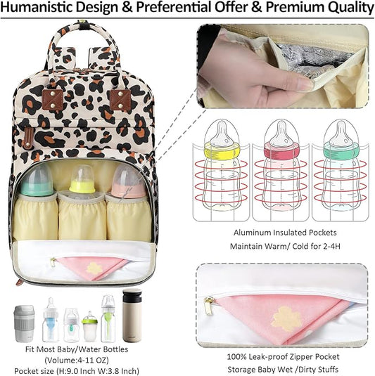 Diaper Bag Backpack Tote for Women Large Capacity, Baby with Insulated Pockets Multifunctional Bags For Girl Boy Waterproof Boys Girls Mama Maternity Travel Leopard