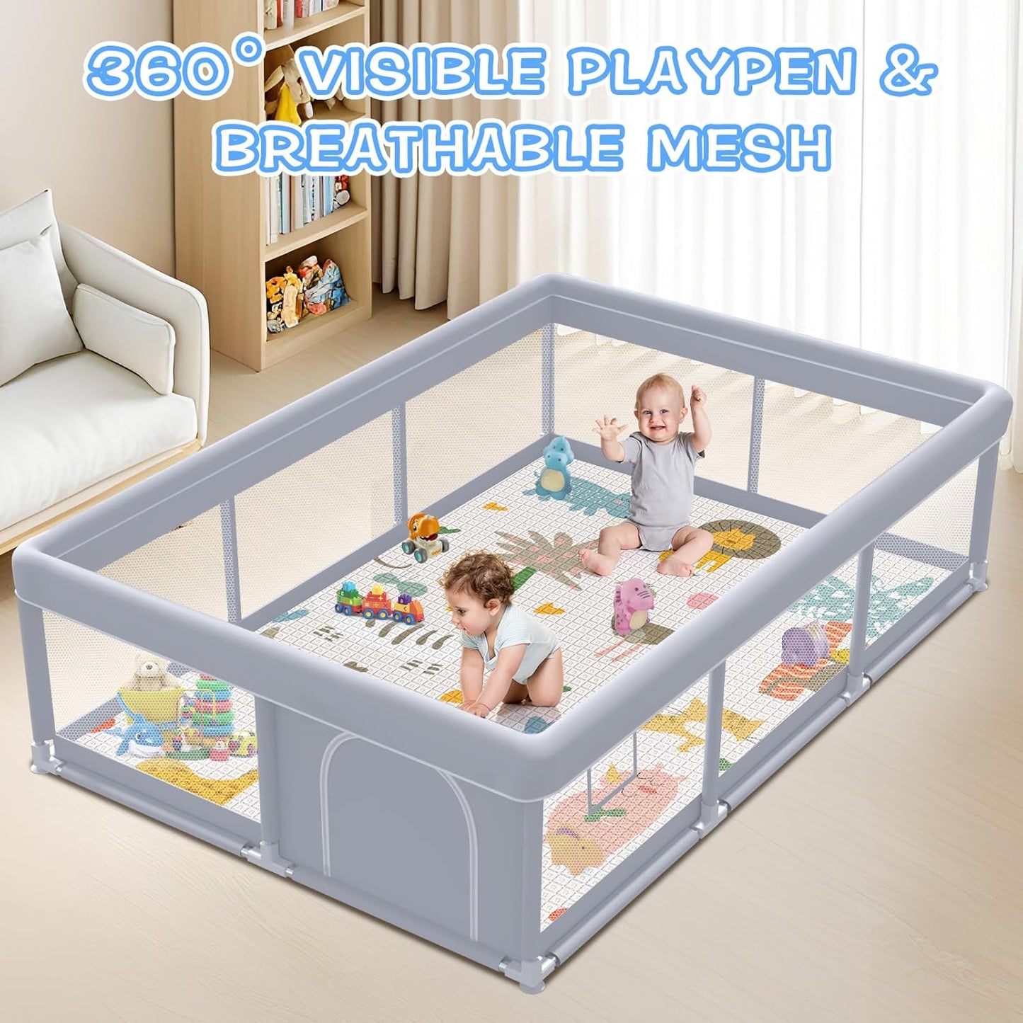 XVISHX Baby Playpen 50 x 50 Inch Play Pen Playards, Playpen for Babies and Toddlers, Baby Playard for Indoor & Outdoor Active Center Game Fence, with Skin-Friendly Fabric and Soft Breathable Mesh Grey