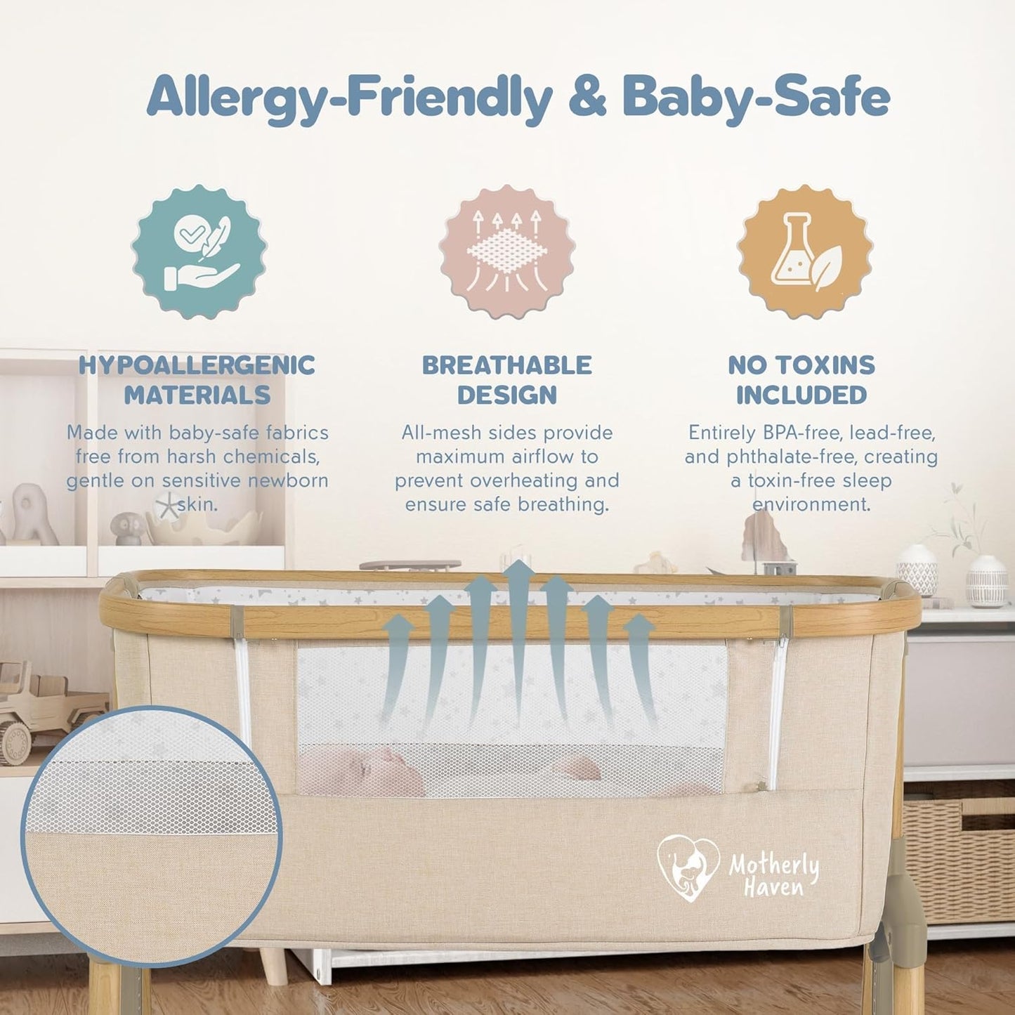 Motherly Haven Baby Bassinet Bedside Sleeper, Portable Crib for Newborns, Adjustable 7-Height Auto-Lock, with Wheels, Soft Mattress & Breathable Mesh (Light Grey)