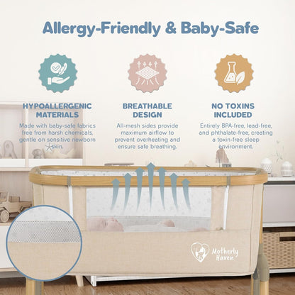 Motherly Haven Baby Bassinet Bedside Sleeper, Portable Crib for Newborns, Adjustable 7-Height Auto-Lock, with Wheels, Soft Mattress & Breathable Mesh (Light Grey)