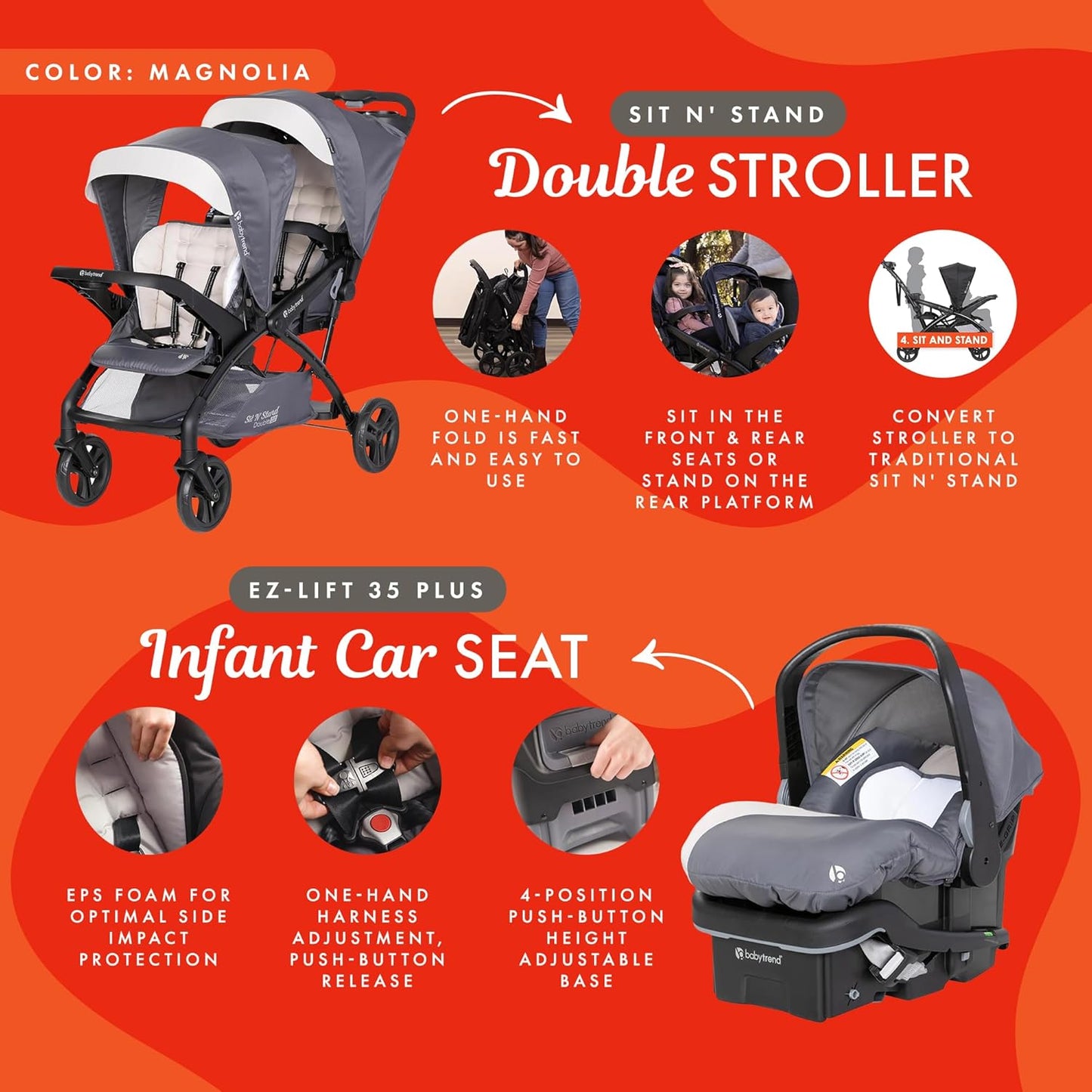 Baby Trend Sit N' Stand Tandem Double Stroller 2.0 DLX and EZ-Lift Plus Car Seat Set with 5 Point Safety Harnesses and Cozy Cover, Modern Khaki