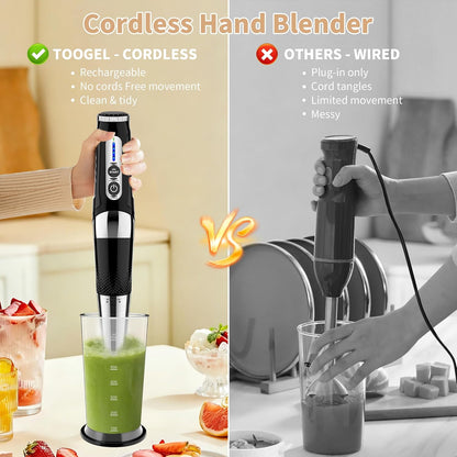 Toogel Cordless Immersion Blender, Electric Hand Blender with 21-Speed & 3-Angle Adjust, USB Rechargeable, BPA-Free & Dishwasher Safe for Baby Food, Smoothies, Soup (Grey)
