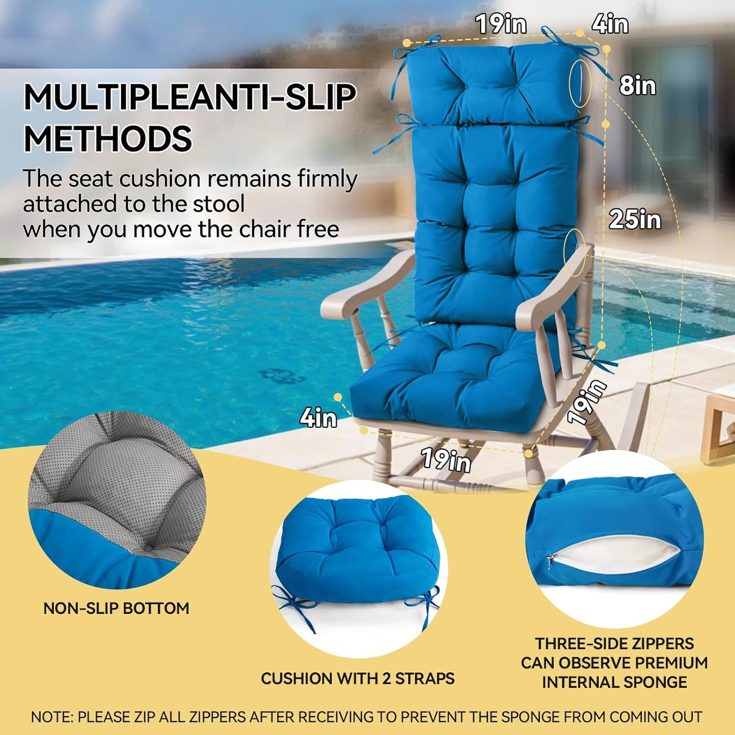 Millsilo Rocking Chair Cushions 3-Piece Set with Neck Pillow, Indoor Rocker Comfortable Tufted Non-Slip Pads with Ties, High-Density Foam Cushion for Adirondack Glider Chair, Orange, 52 x 19 x 4 Inch