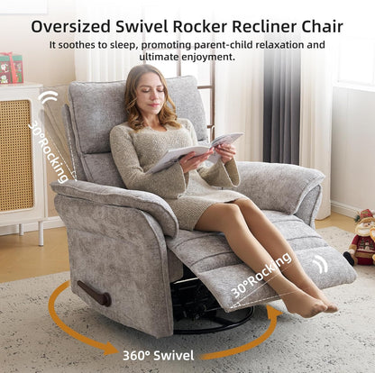 Oversized Glider Rocker Recliner, 26" Extra Wide 360° Swivel Nursery Recliner with Adjustable Headrest, Chenille Rocking Nursery Chair with Overstuffed Armrest, Lumbar Support, Light Grey