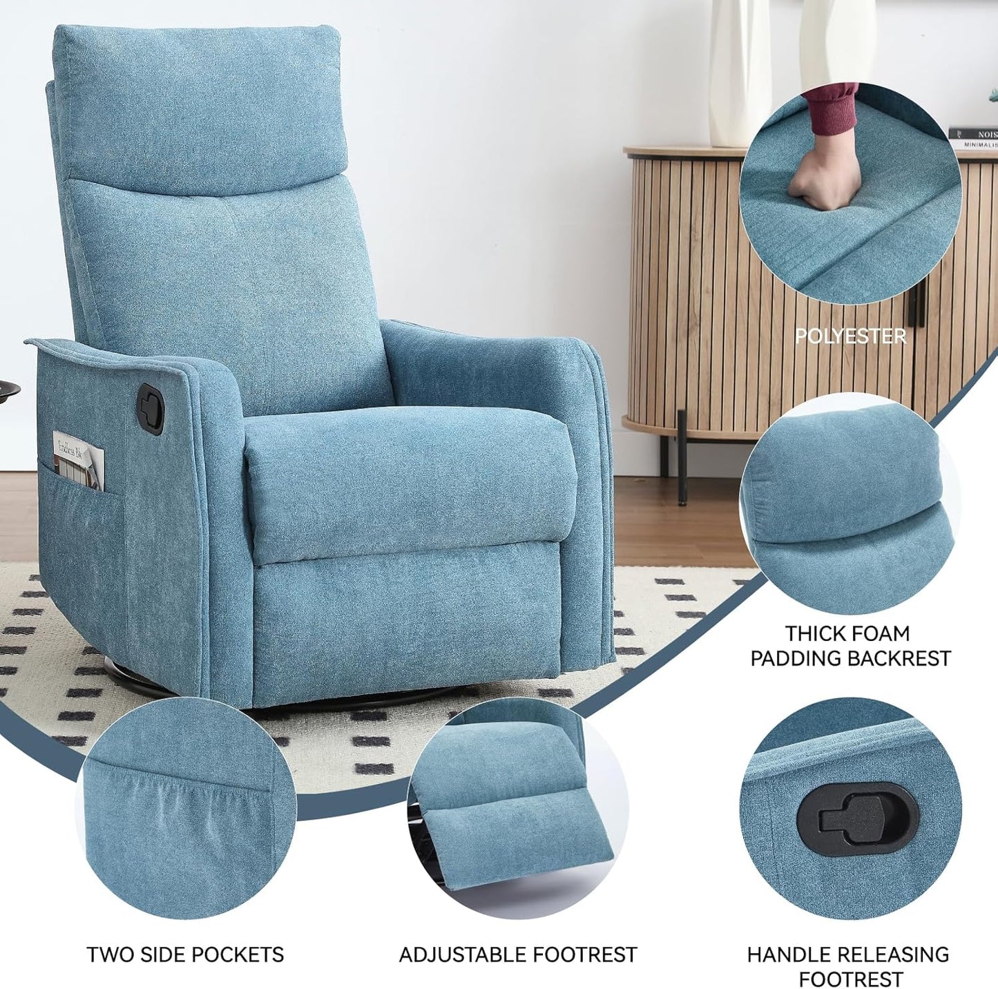 Swivel Rocker Recliner Chair for Adults, Nursery Rocking Chair with Heat and Massage, Glider Reclining Chair for Small Space Living Room Bedroom, Faux Leather Black
